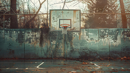 Poster - A basketball court with a rusty hoop and a fence in the background