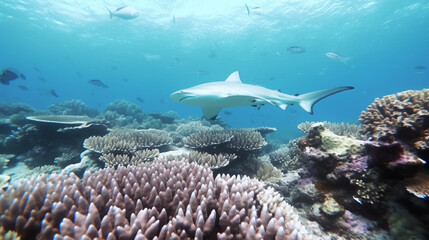 Wall Mural - Underwater Scene With Coral Reef And Exotic Fishes