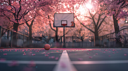 A basketball court with a pink background and a pink tree in the background