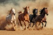 © Dzikrul Husnani - Horses with long mane portrait run gallop in desert dust, ai