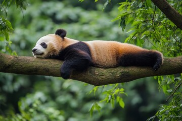 Lazy Panda Bear Sleeping on a Tree Branch, China Wildlife. Bifengxia nature reserve, Sichuan Province, ai