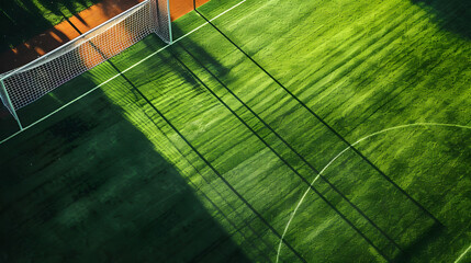 Wall Mural - A soccer field with a white goal and a green and orange background