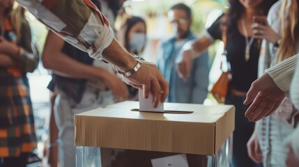 hand inserting ballot into box democratic voting concept with diverse participants