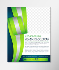 Poster - flyer template design with headline is Environmental remidiation solutions. space of photo and text. Advertising banner with vertical layout. green, grey and blue gradient wave element