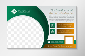 Poster - Horizontal the fourth annual online business conference flyer template or event conference social media banner layout with space for photo. combination green and gold gradient on element.