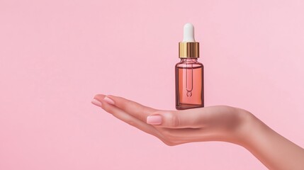 Wall Mural - Serene moment as a hand delicately holds a pink serum bottle against a pastel backdrop