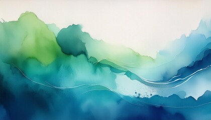Poster - Abstract watercolor waves in shades of blue and green, seamlessly blending to create a tranquil and serene atmosphere