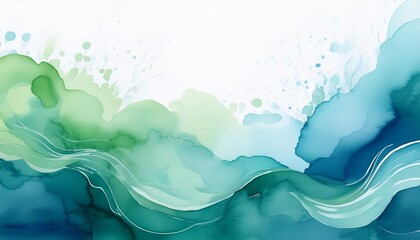 Poster - Abstract watercolor waves in shades of green and blue, creating a tranquil and serene landscape with flowing patterns and soft textures