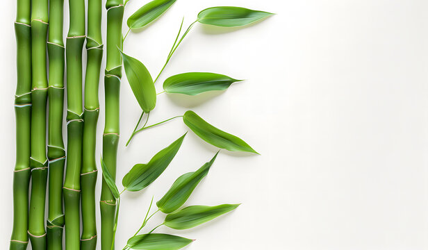 Green bamboo with leaves isolated on a white background with clipping path and full depth of field isolated on a white background, design