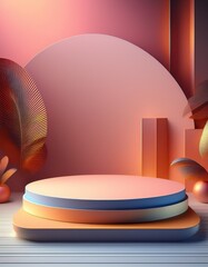 Poster - Abstract geometric composition featuring layered circular platforms and stylized plant elements in a warm gradient color scheme