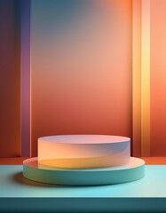 Poster - Abstract composition featuring layered circular platforms in soft pastel colors against a warm gradient background