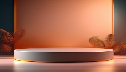Poster - Modern showcase platform with soft orange lighting, featuring minimalistic design and decorative palm leaves in the background