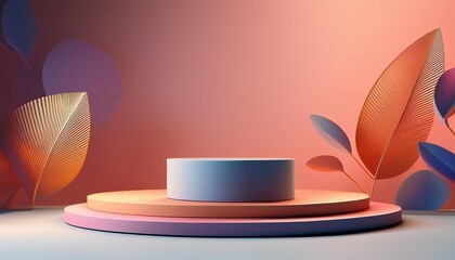 Poster - Modern display stand with layered circular platforms and stylized leaves on a vibrant gradient background