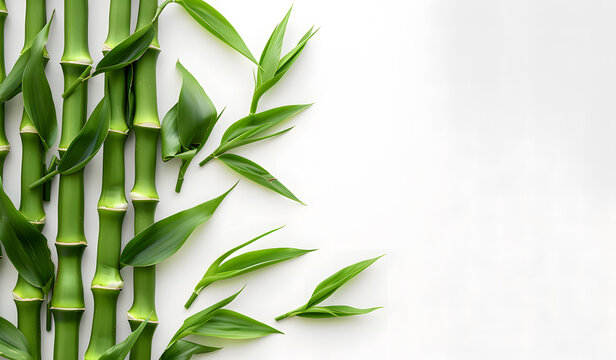 Green bamboo with leaves isolated on a white background with clipping path and full depth of field isolated on a white background, design