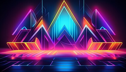Poster - Futuristic neon geometric shapes with vibrant colors illuminated against a dark background, creating a modern digital art effect