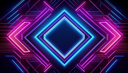 Poster - Abstract geometric design featuring vibrant neon lights in blue and pink colors forming sharp angles and shapes on a dark background