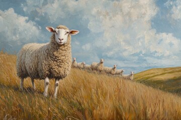 Wall Mural - Sheep on pasture background, ai