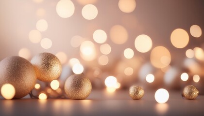 Poster - Elegant golden decorative balls on a soft background with warm bokeh lights, ideal for festive and holiday themes