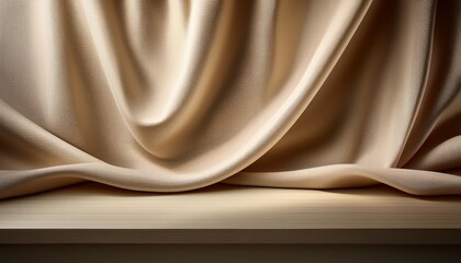 Poster - Soft beige fabric draped elegantly on a wooden shelf, showcasing textured waves and contours in natural lighting