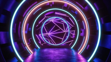 Poster - Vibrant blue and purple neon illumination within a circular tunnel featuring an abstract geometric backdrop Elevate your creative projects with this dynamic light composition Highqu