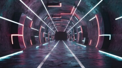 Poster - Futuristic Cyber Stage with Neon Laser Lights in a Grunge Concrete Tunnel Corridor  Vibrant 3D Rendering Background
