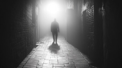 Wall Mural - Mysterious shadowy figure in a foggy alley