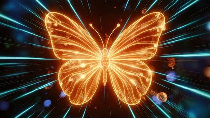 Poster - Glowing butterfly with golden hues and transparent energy flow featuring neon illumination Abstract design with blurred particles and vibrant blue dynamic streaks Digital artwork co