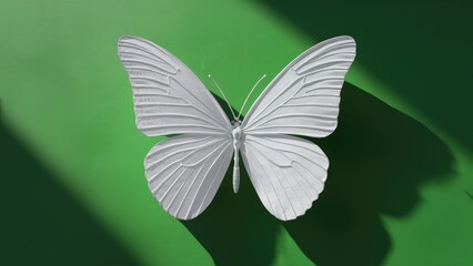 Poster - Realistic white butterfly illustration with shadow on green background 3D design