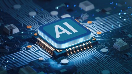 Poster - AI chip substituting traditional CPU on circuit board robotic technology advancing human tasks 3D rendering