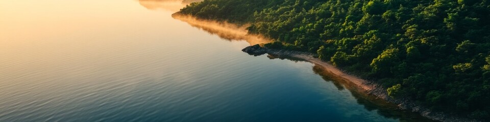 Serene Mountain Lake at Dawn: Aerial View of Misty Waters Surrounded by Pine Forests. Tranquil Reflection Creates Perfect Mirror Image in Crystal-Clear Lake, Ideal for Nature Tourism and Summer Vacati