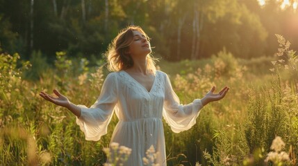 Wall Mural - Serene Woman Embracing Nature's Beauty in Sunlit Forest