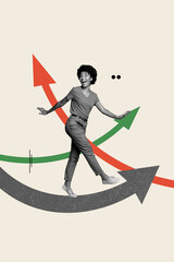 Wall Mural - vertical image young cheerful woman walk arrows improve growth progress achieve goal aim target drea