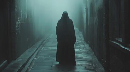 Wall Mural - Mysterious shadowy figure in a foggy alley