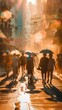 © Salsabila Ariadina - Crowds stroll down a vibrant street while holding umbrellas against the sunlight in a bustling urban atmosphere
