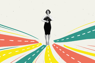 Aufkleber - Creative trend collage of funny female worker businesswoman career path opportunities excited bizarre unusual fantasy billboard