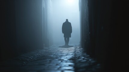 Wall Mural - Mysterious shadowy figure in a foggy alley