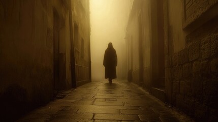 Wall Mural - Mysterious shadowy figure in a foggy alley