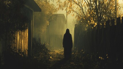 Wall Mural - Mysterious shadowy figure in a foggy alley