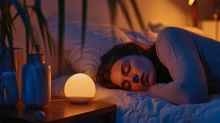 Wall Mural - European woman peacefully sleeps in modern minimalist bedroom with gentle white night light