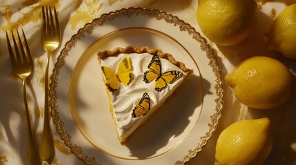 The setting includes a white tablecloth, a fork, a knife, and a white cake adorned with a butterfly.