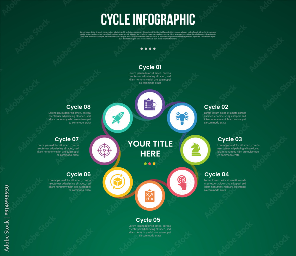 cycle infographic with small circle on big circle connection with swirl ...