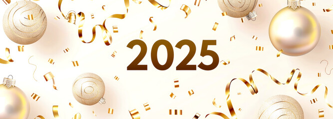 A festive backdrop of golden confetti and shiny baubles surrounds the bold number 2025 in a pastel, celebratory design