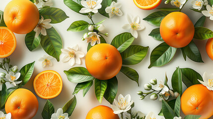 Wall Mural - Pattern of oranges, orange leaves and orange flowers on a clean white background 