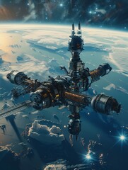 Wall Mural - a 3d depiction of a space station orbiting a planet, with high-quality digital art in good quality f