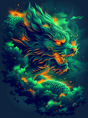 Wall Mural - A green dragon with red eyes and a mouth. The dragon is surrounded by clouds and fire. Scene is intense and powerful