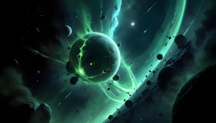 Wall Mural - A large green planet or celestial body surrounded by swirling green energy and cosmic elements like stars and asteroids in a dark space environment
