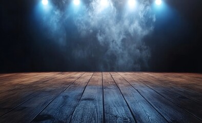 Wall Mural - The idea of a stage or presentation area is envisioned on an empty wooden floor with a smoky blue backdrop illuminated by spotlights. Stock photo