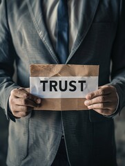 A gentleman in formal attire displays a document featuring the phrase Trust US.