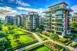 © kittipon - Modern luxury residential apartment complex in a serene green area, featuring sleek flat buildings and upscale city real estate property, symbolizing prosperous condo living.