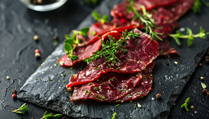 Dried beef bresaola slices with herbs on dark stone board